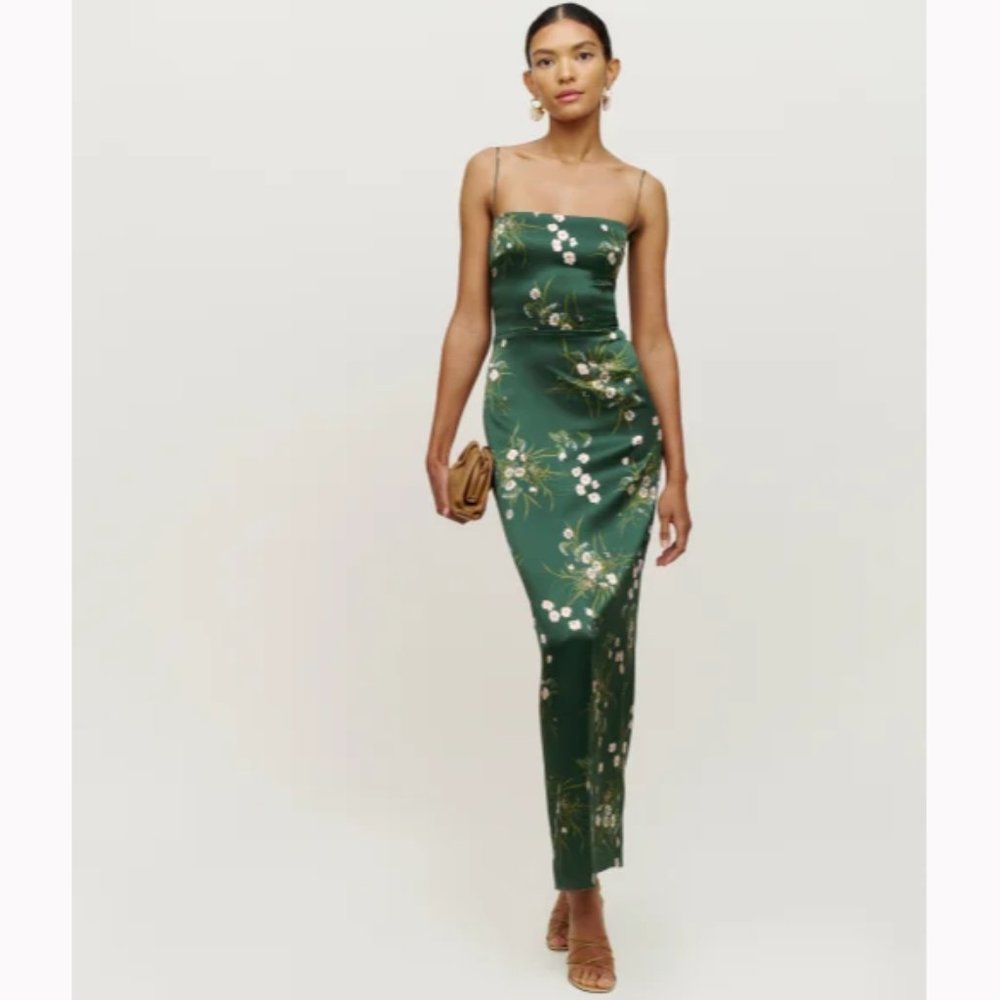 NWOT Reformation Frankie Silk Dress in Buena Green Floral Print Maxi